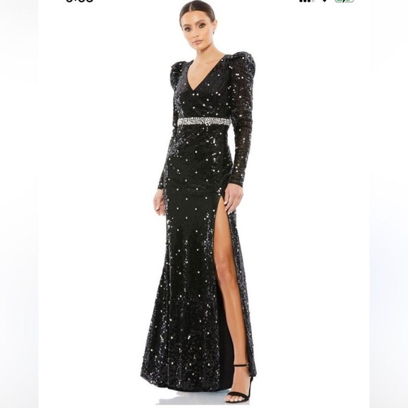 Mac Duggal Dresses & Skirts - Mac Duggal Black Sequin Long-Sleeve V-Neck Gown with Rhinestone Waist Sz 4 New